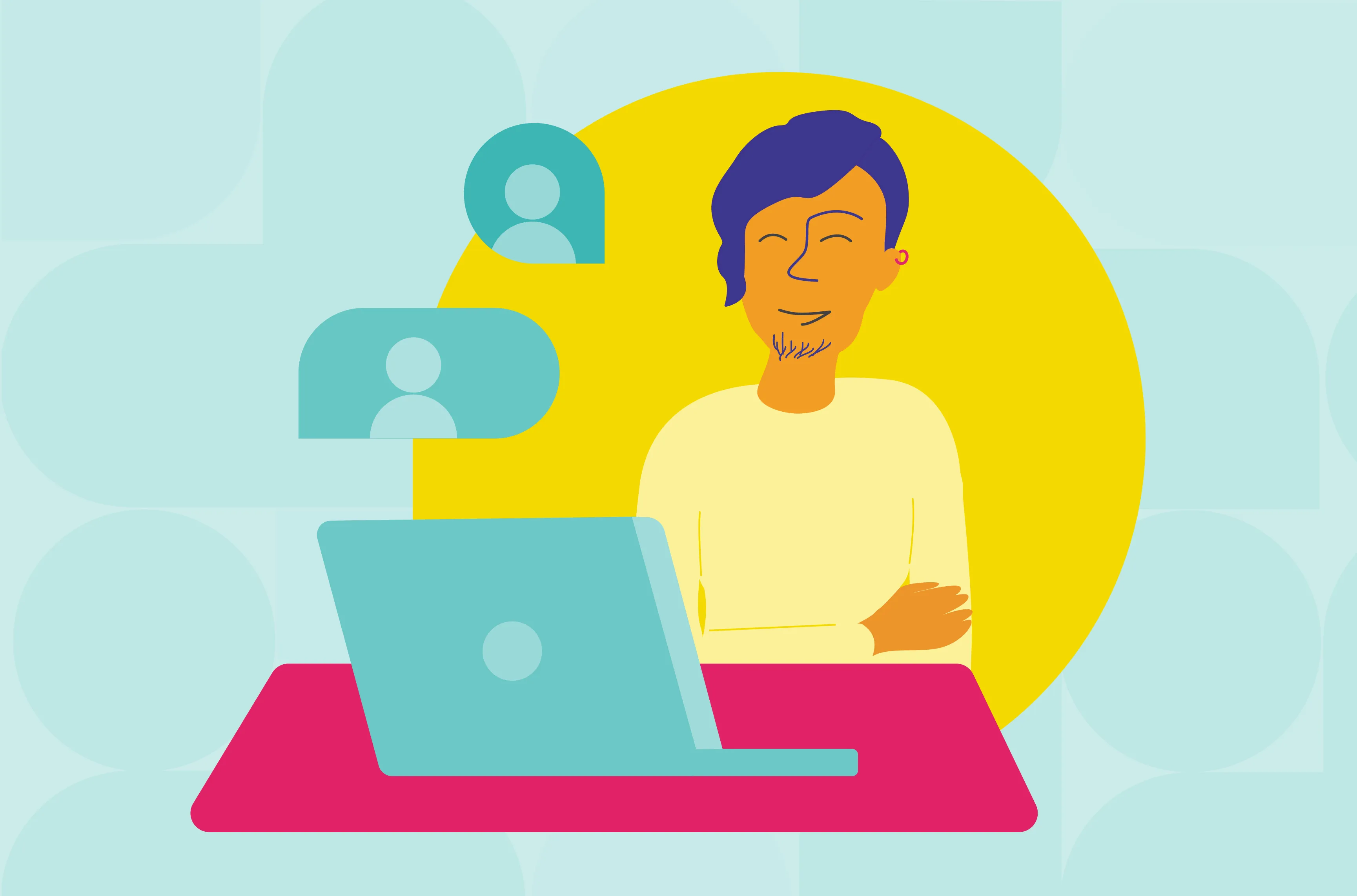 Illustration of a person smiling and sitting at a desk with a laptop, with icons of people floating above the screen indicating a webinar session.