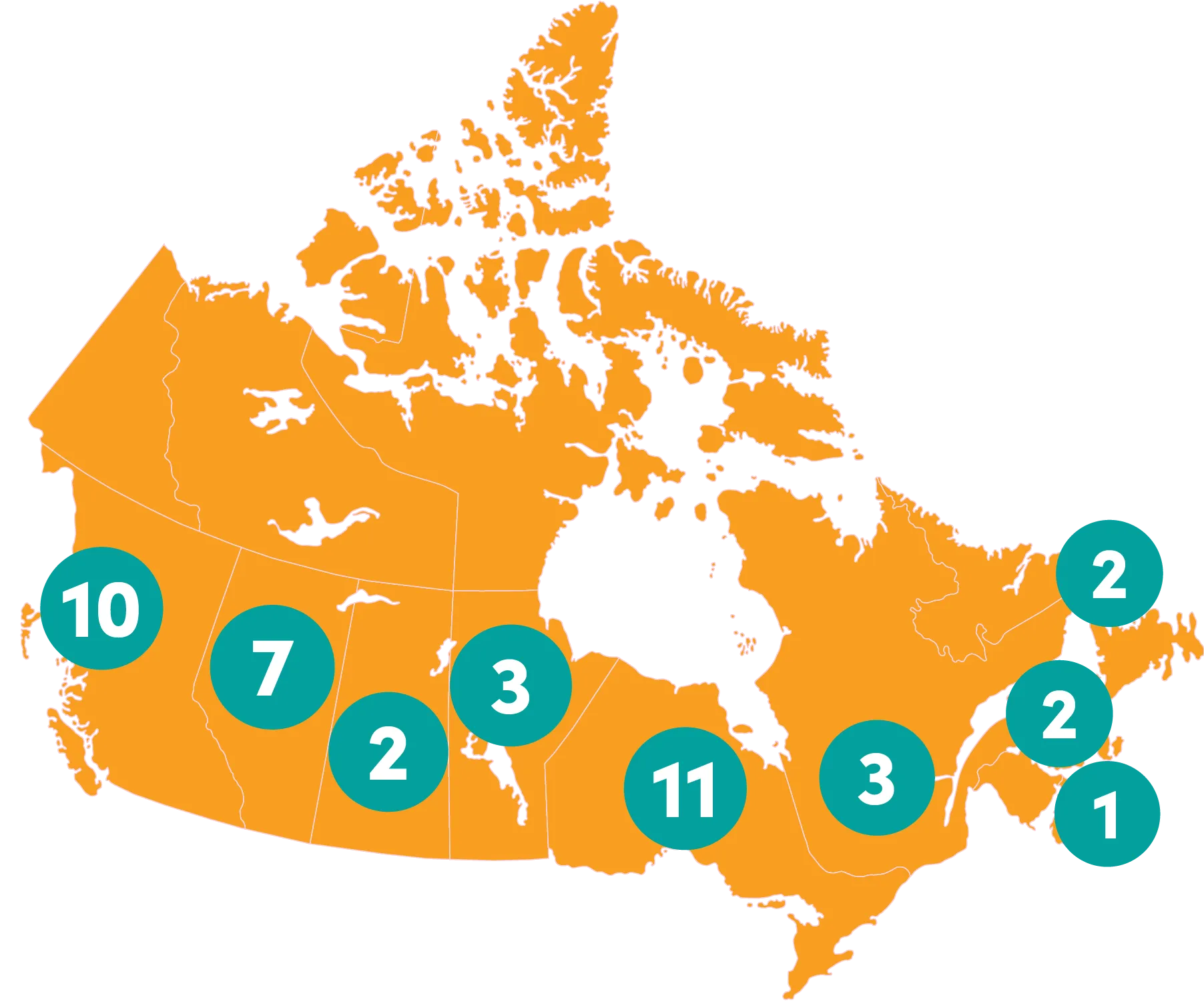 Carte du Canada avec des chiffres à l’intérieur de cercles turquoise sur chaque province, indiquant des points de données.