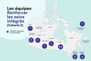 Texte de remplacement : Carte du Canada situant à l'aide de cercles violets les équipes invitées à rejoindre Renforcer les soins intégrés (Cohorte 2). Texte : Les équipes Renforcer les soins intégrés (Cohorte 2). Nombre d'équipes participantes.
