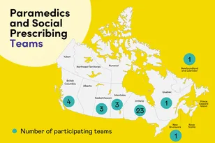 A map of Canada with green circles showing invited Paramedics and Social Prescribing teams. Text: Paramedics and Social Prescribing Teams. Number of participating teams.