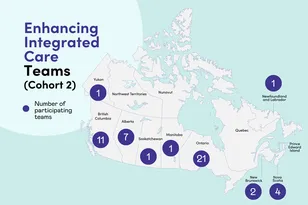 Text: A map of Canada with purple circles showing invited Enhancing Integrated Care (Cohort 2) teams. Text: Enhancing Integrated Care Teams (Cohort 2). Number of participating teams.