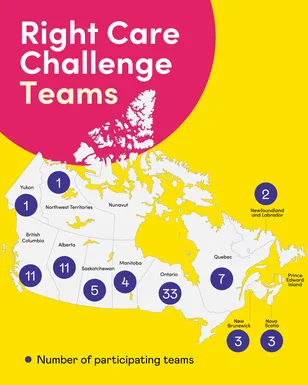 A map of Canada with purple circles showing invited Right Care Challenge teams. Text: Right Care Challenge. Number of participating teams.