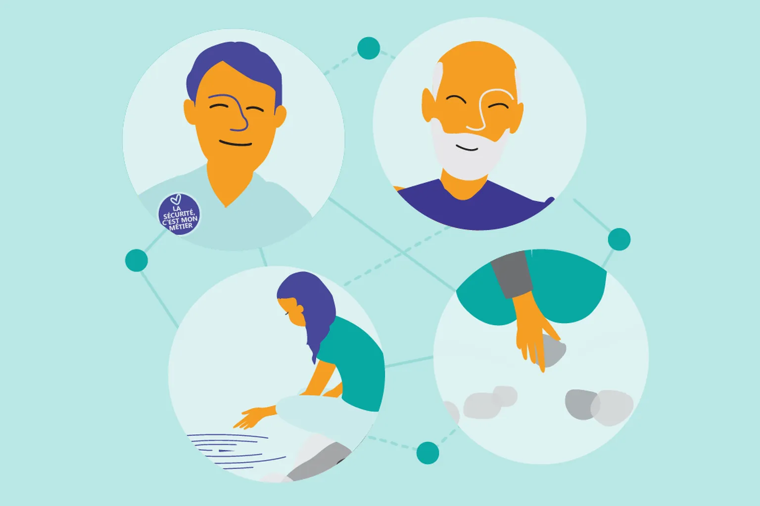 Illustration of four connected circular scenes showing people and hands interacting with water and stones.