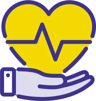 Illustration of a hand holding a yellow heart with a purple heartbeat line, symbolizing healthcare or support.