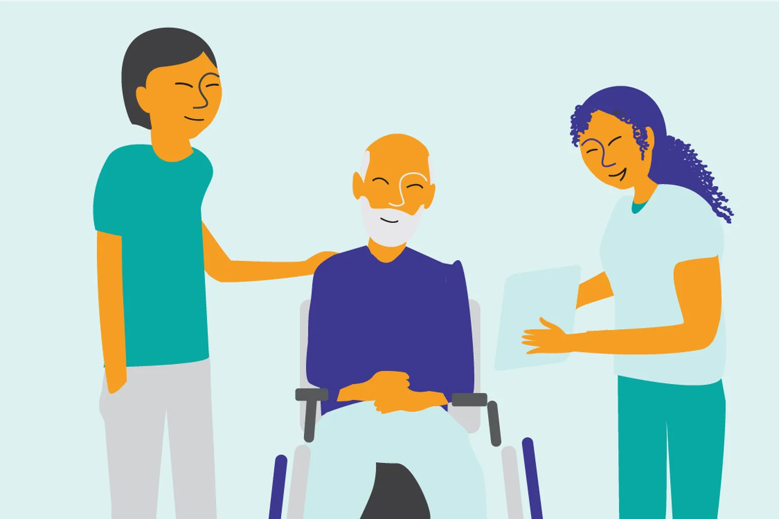 Illustration of an older adult sitting in a wheelchair, supported by two caregivers standing beside them, one holding a tablet.