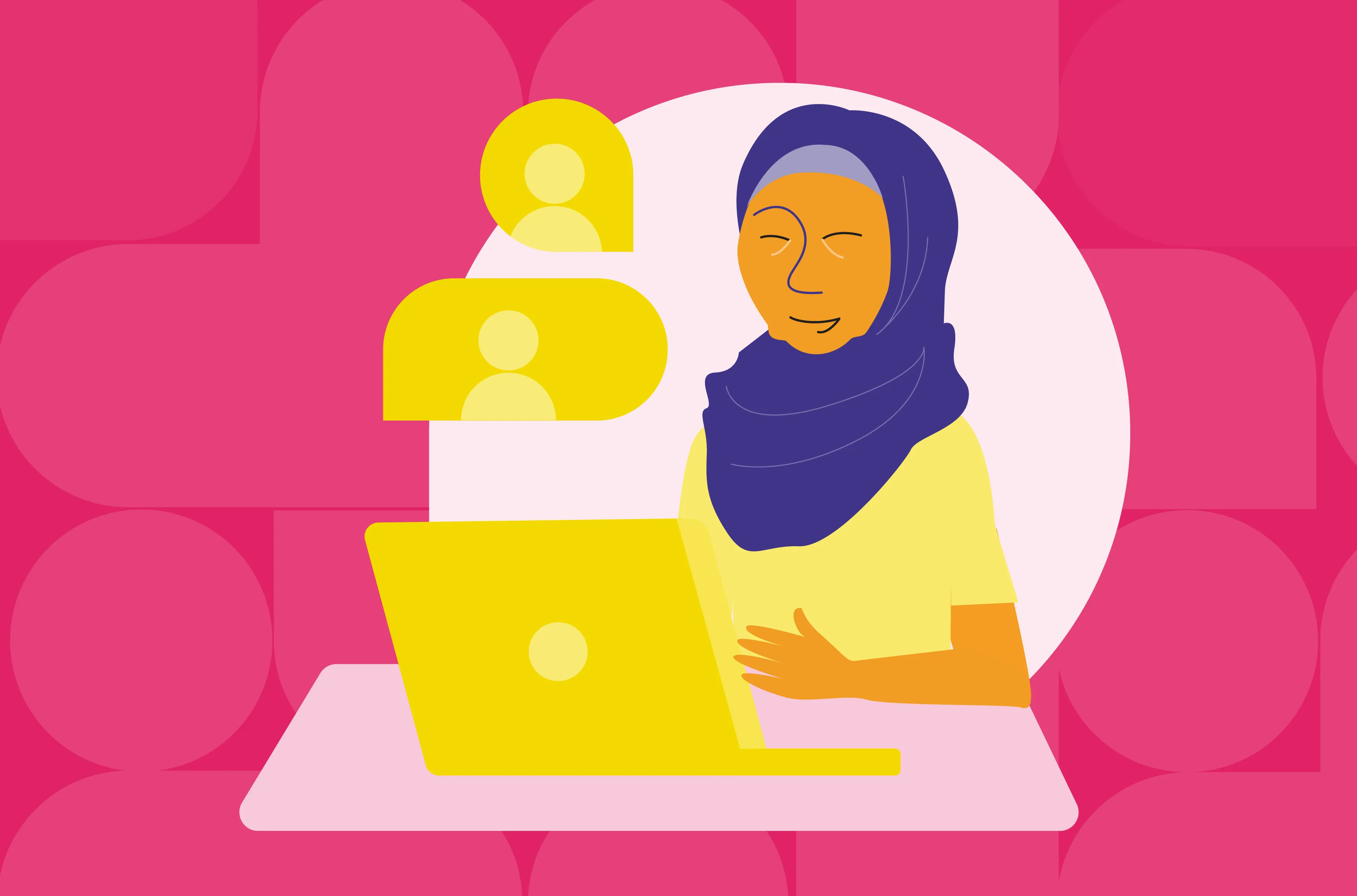 Illustration of a person sitting at a computer with an individual in two separate speech bubbles representing a dialogue or exchange of ideas.