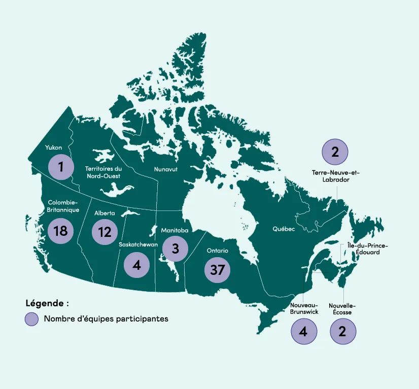 Une carte du Canada indiquant le nombre d'équipes participantes : Yukon 1, Colombie-Britannique 18, Alberta 12, Saskatchewan 4, Manitoba 3, Ontario 37, Nouveau-Brunswick 4, Nouvelle-Écosse 2 et Terre-Neuve-et-Labrador 2.