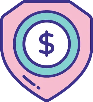 Illustration of a pink shield with a dollar symbol inside a circular design, outlined in blue and white, signifying financial protection.