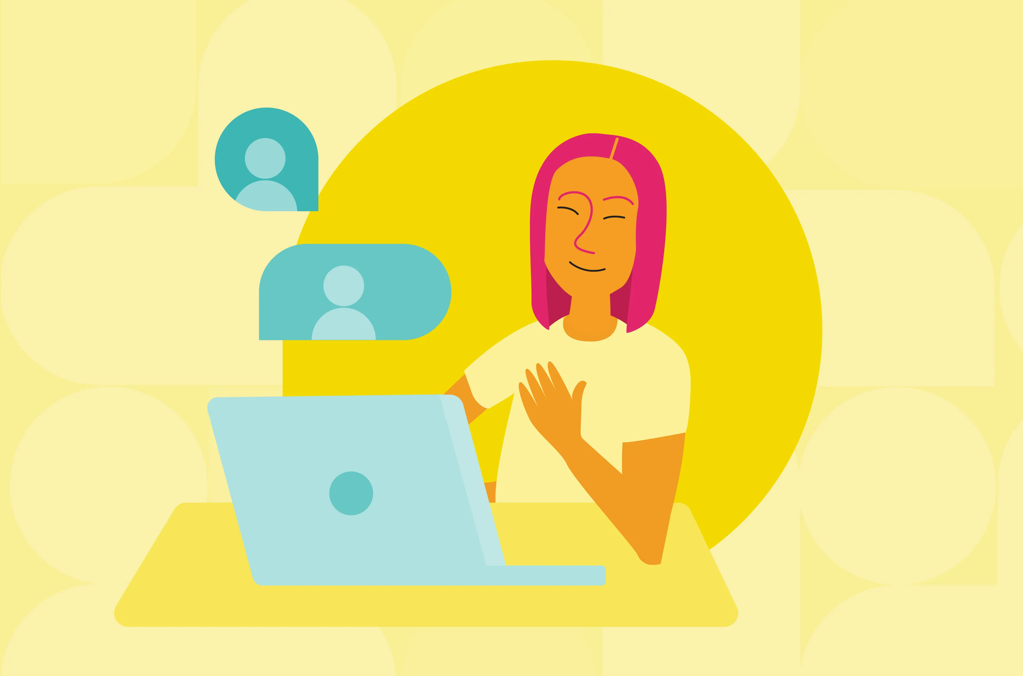 Illustration of a person sitting at a computer with an individual in two separate speech bubbles representing a dialogue or exchange of ideas.