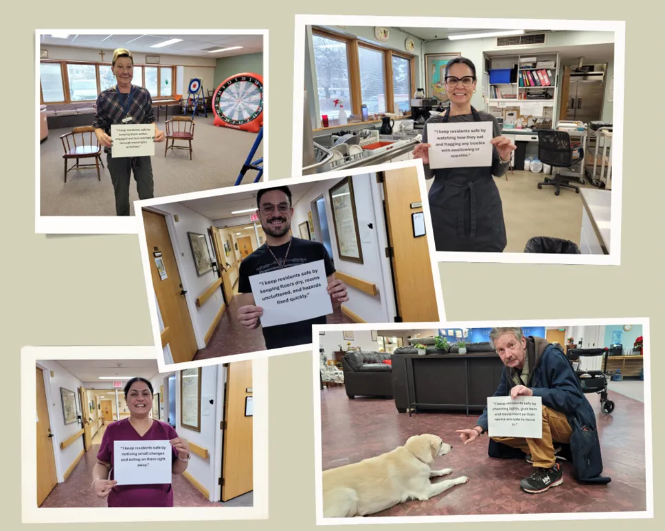Two individuals stand with their arms showcasing a whiteboard that reads in French, “patient safety challenge.”