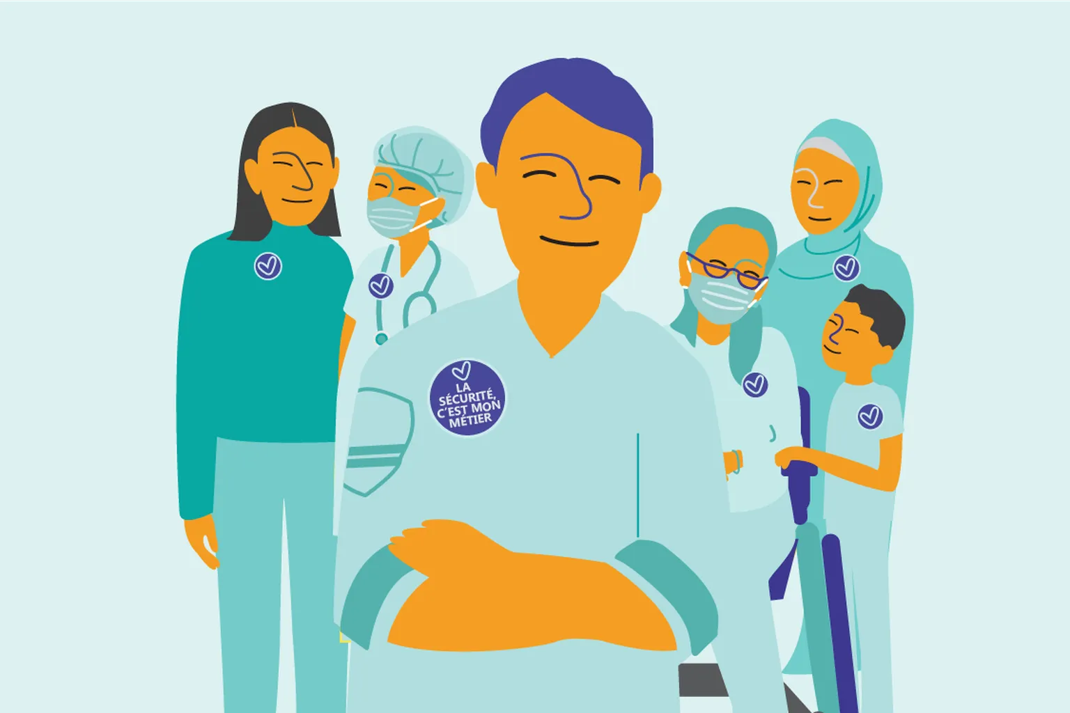 Illustration of a diverse group of healthcare workers standing together, several wearing badges that read “Safety is my job.”