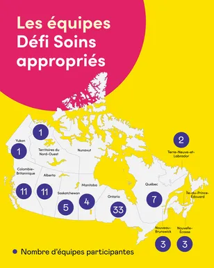 Carte du Canada situant à l'aide de cercles violets les équipes invitées à rejoindre Défi Soins appropriés. Texte : Les équipes Défi Soins appropriés. Nombre d'équipes participantes.