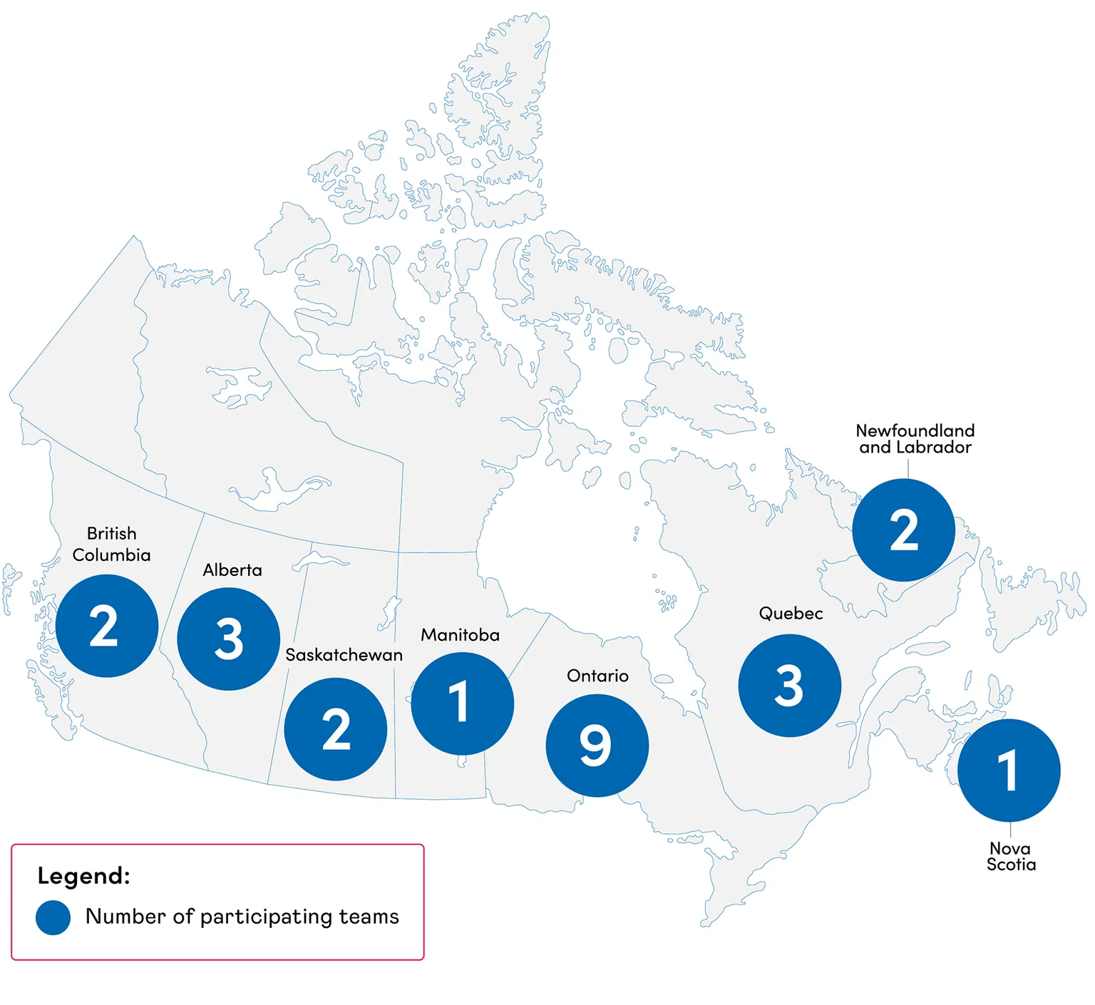 A grey map of Canada with numerical values per province indicating the number of teams participating in the Improving Equity in Access to Palliative Care collaborative.