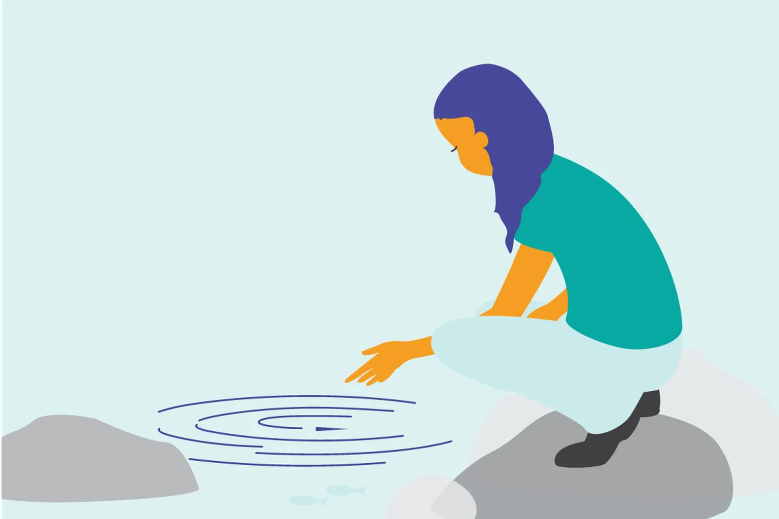 Illustration d’une personne accroupie au bord d’un plan d’eau, touchant la surface de l’eau avec sa main.
