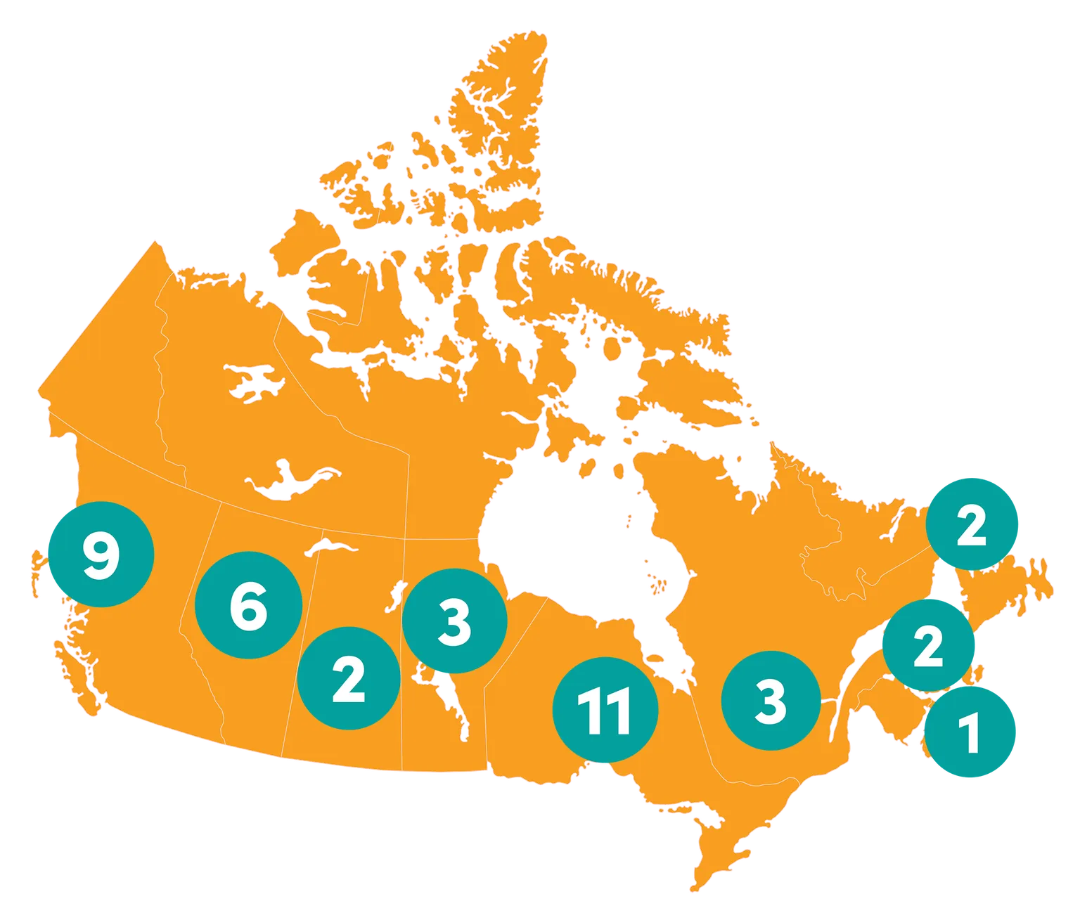 Map of Canada showing 9 teams in British Columbia, six teams in Alberta, two teams in Saskatchewan, three teams in Manitoba, 11 teams in Ontario, three teams in Quebec, one team in Nova Scotia, two teams in Prince Edward Island and two teams in Newfoundland and Labrador.