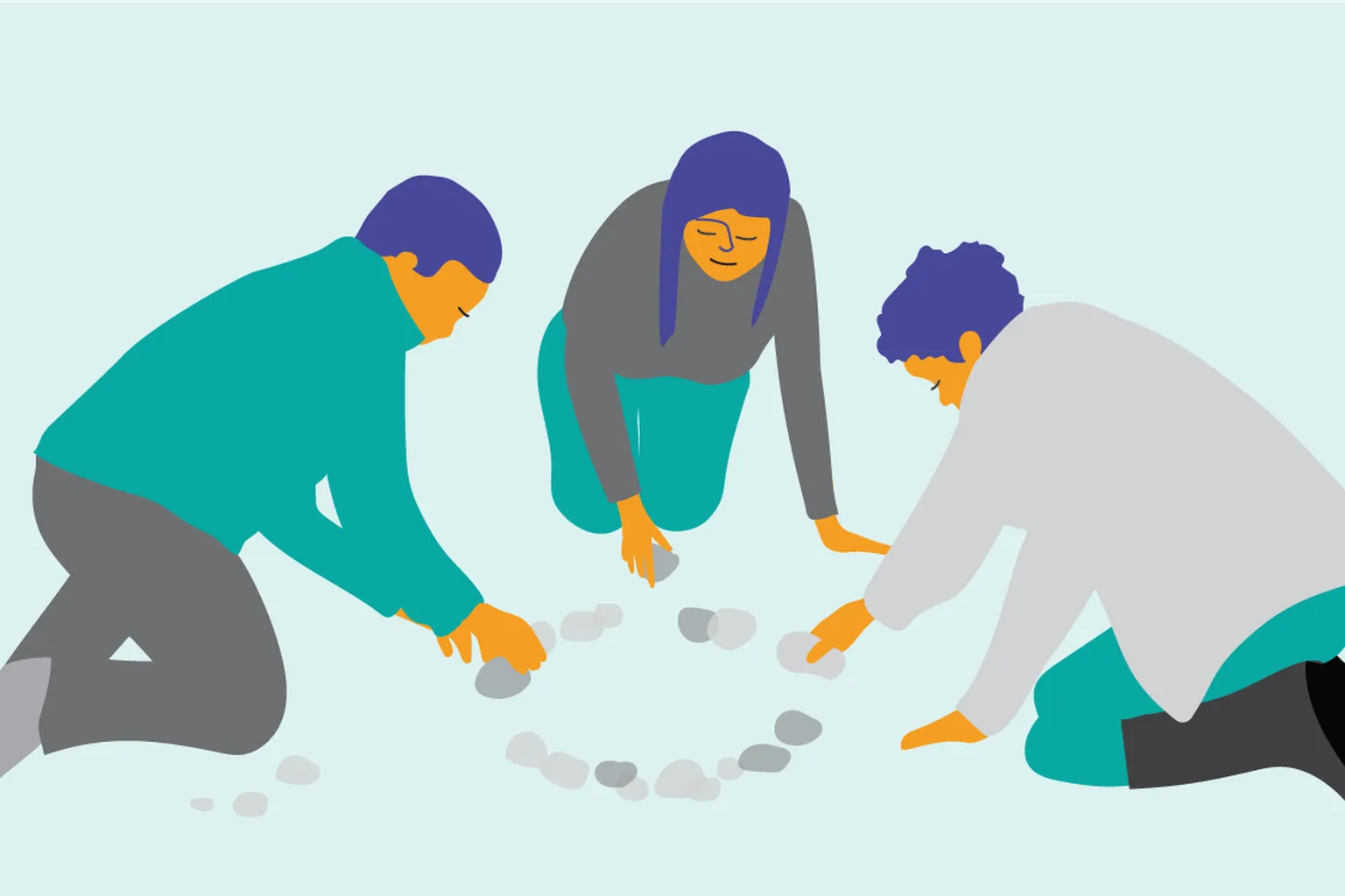 Illustration of three people kneeling together and arranging small stones in a circle.