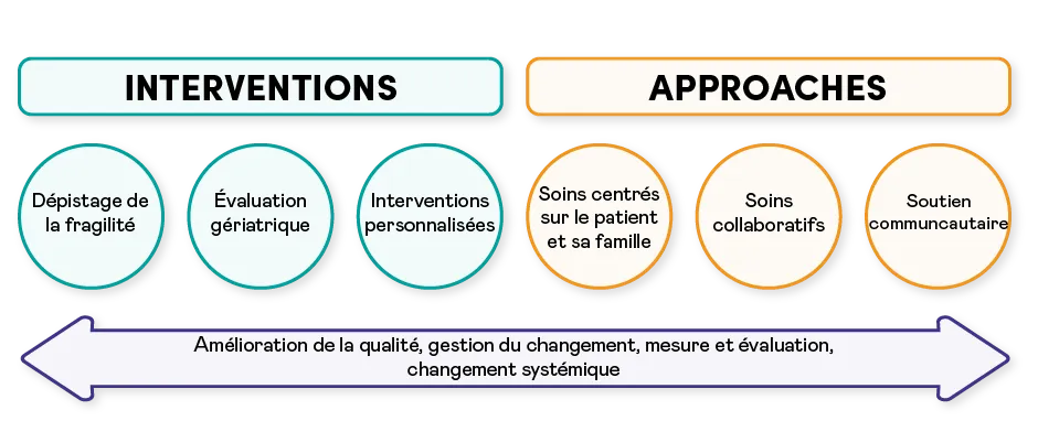 Infographie décrivant l'approche ASPFMC :  INTERVENTIONS : Dépistage de la fragilité, Évaluation gériatrique, Interventions personnalisées. APPROCHES : Soins centrés sur le patient et sa famille, Soins collaboratifs, Soutien communautaire. Dans une flèche sous les interventions et approches sont les mots suivants : Amélioration de la qualité, gestion du changement, mesure et évaluation, changement systémique.