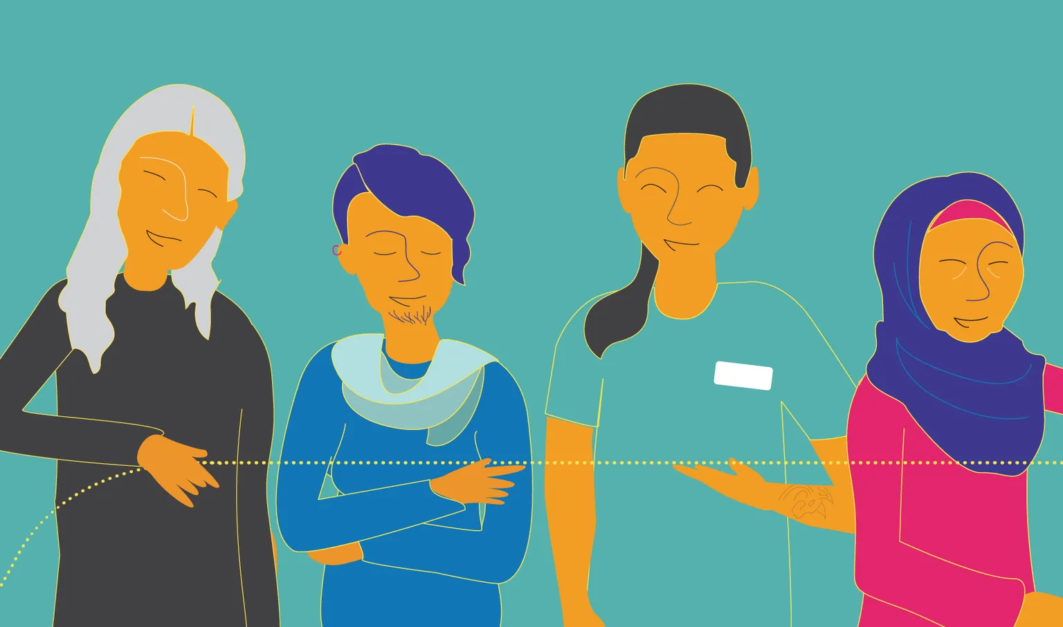 Quatre personnes côte à côte reliées par une ligne pointillée jaune qui symbolise l’inclusion et l’équité dans les soins palliatifs.