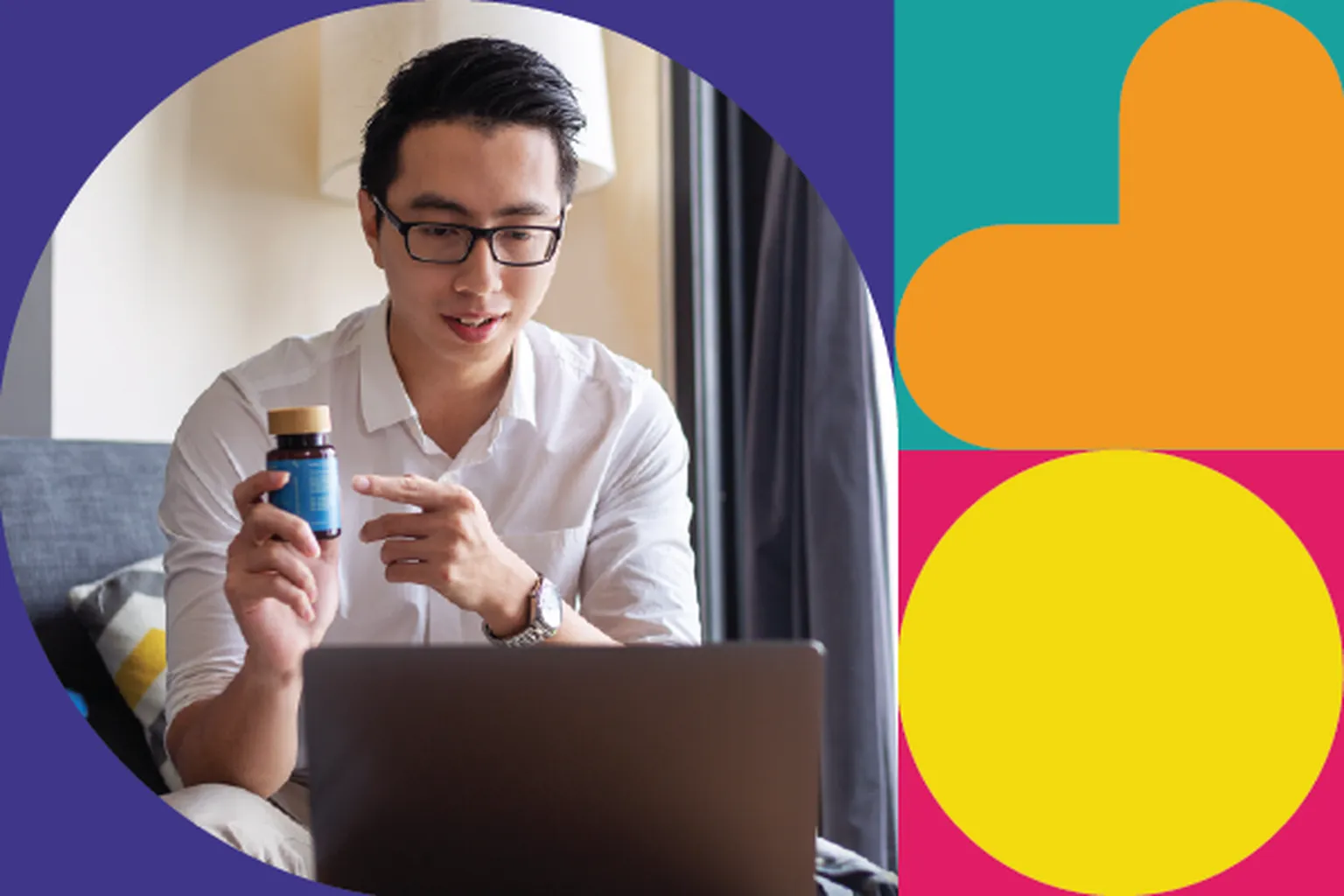 A person with glasses sits on a sofa, holding a bottle, and pointing at a laptop screen. Colorful geometric shapes frame the image.