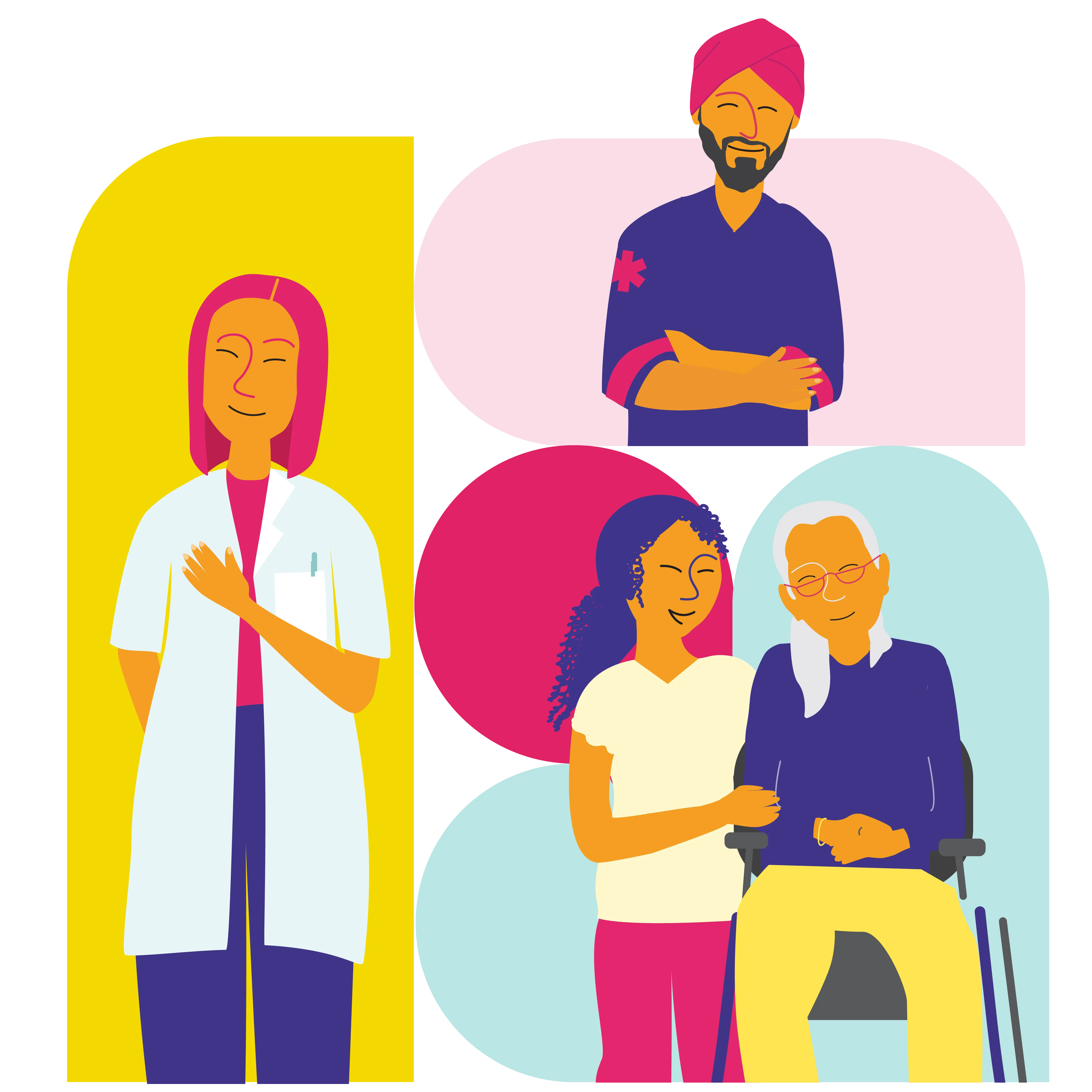 Illustrations featuring various healthcare providers (one wearing a lab coat, another wearing a paramedic uniform and a third caring for a patient).